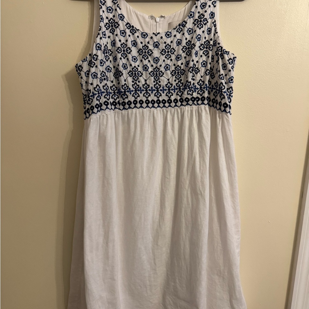 LOFT White and Blue Embroidered Dress